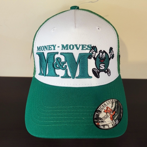 Embroidered "Money - Moves M&M" Green and White Back Mesh Cap - Picture 1 of 3